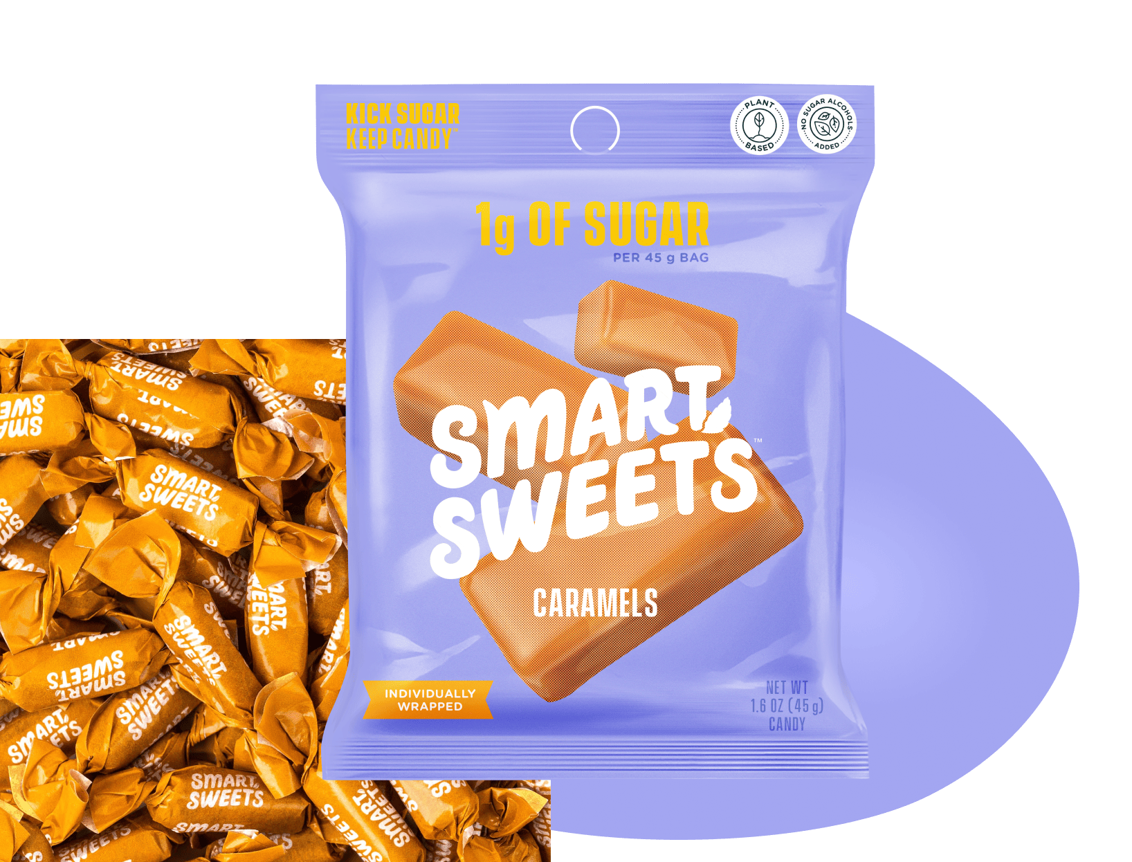 Caramels pouch with Caramels in background