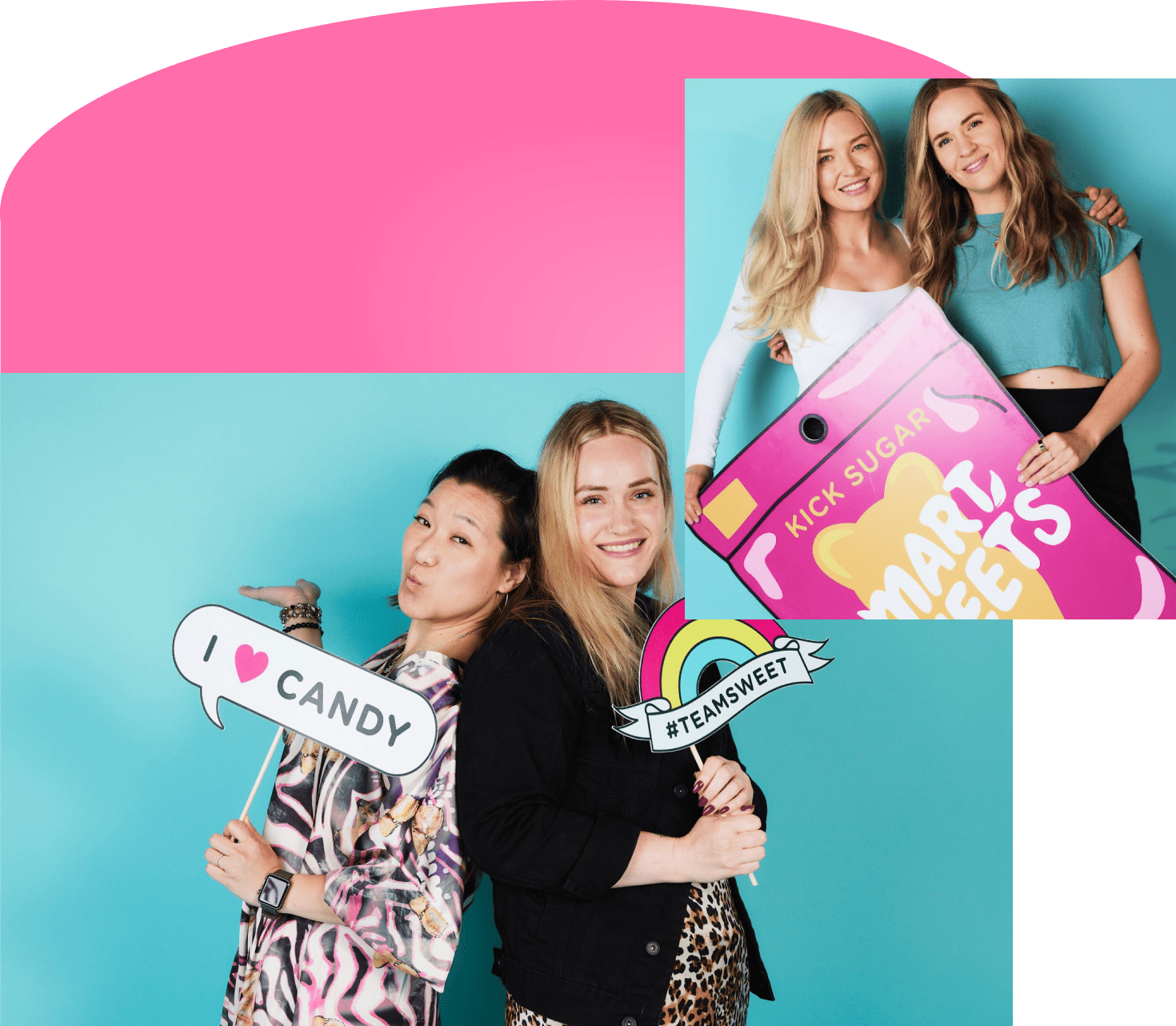 SmartSweets squad holding I love candy and #TeamSweet signs