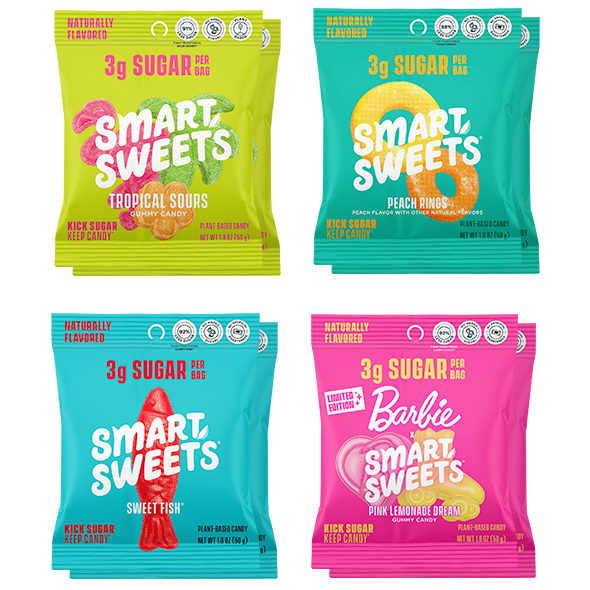Four packages of Smart Sweets candy with different flavors and colors on a white background.