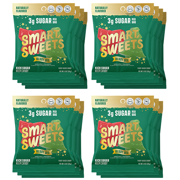 Four packages of Smart Sweets Merry Mix candy on a white background