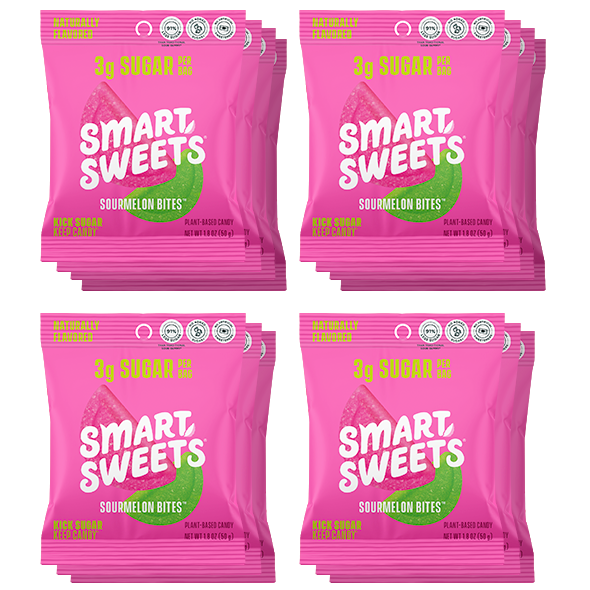 Four packs of Smart Sweets Sourmelon Bites on a white background
