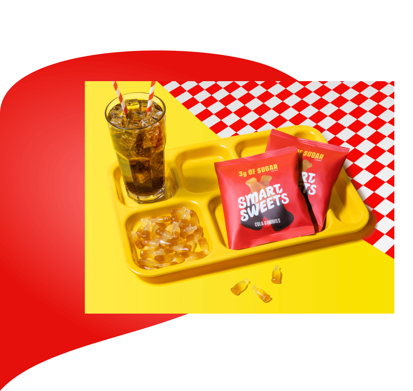 Cola Gummies pouches on tray