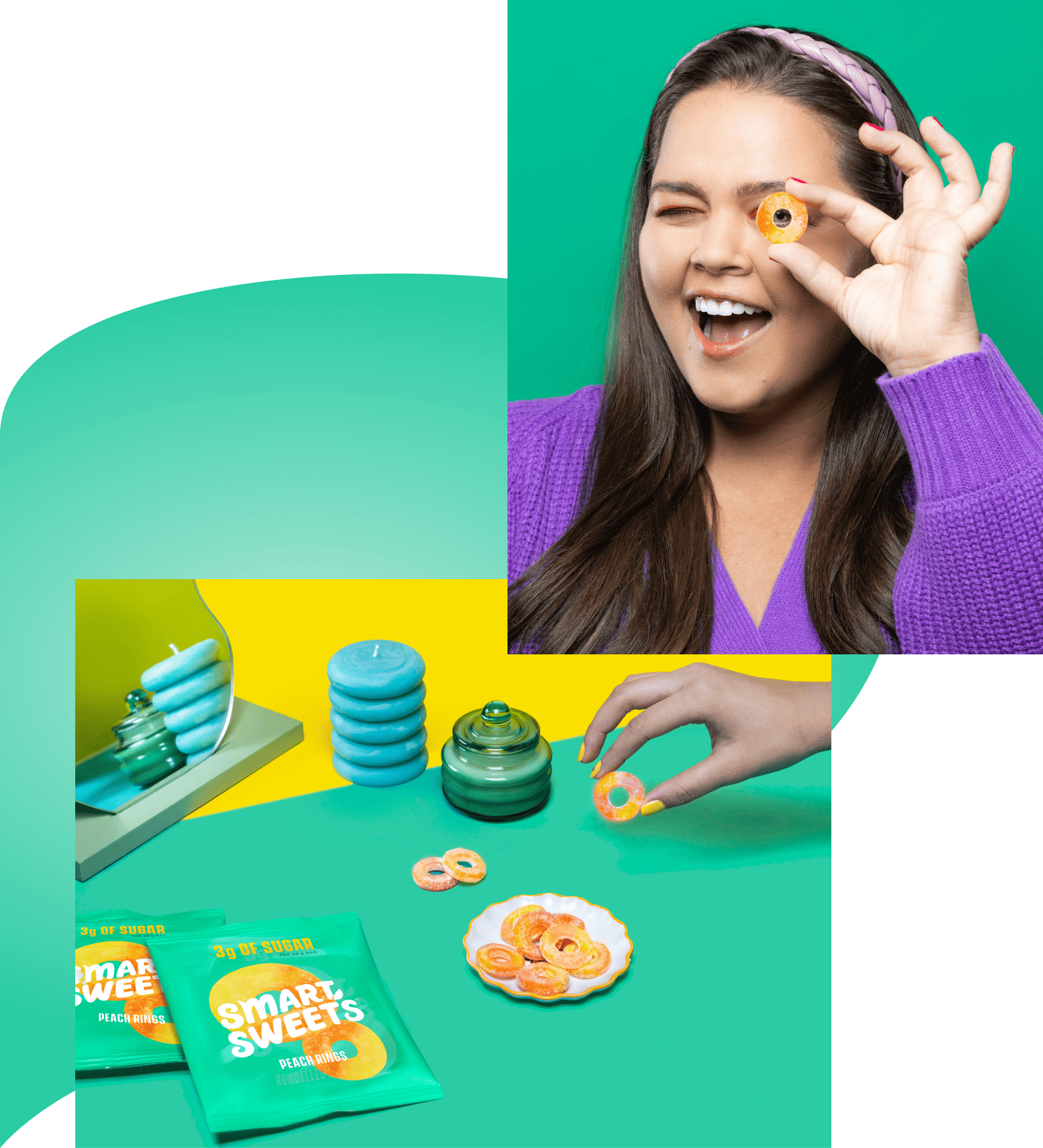 Peach Rings pouches and plate of peach rings