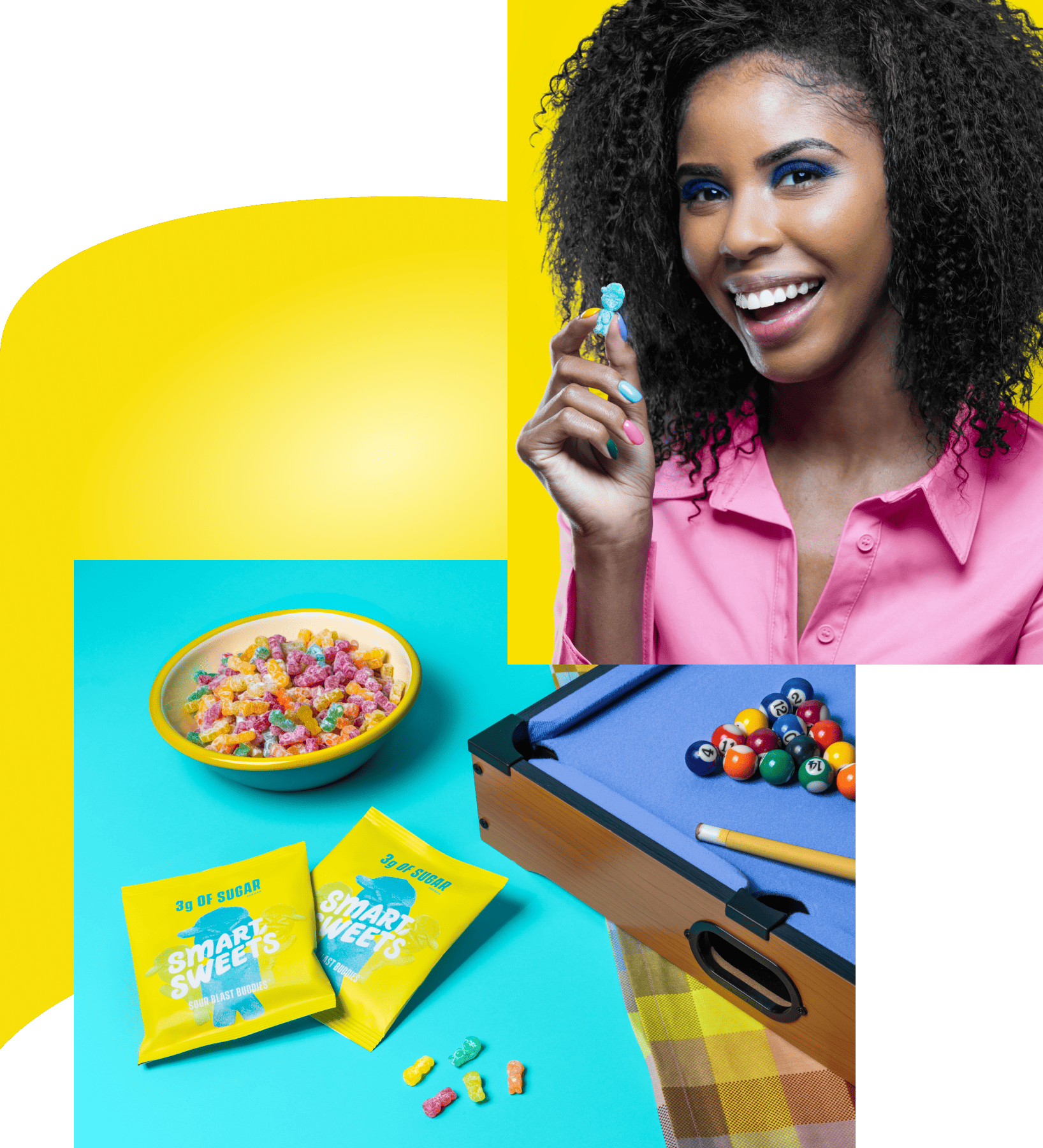 Woman holding sour blast buddy, two sour blast buddies pouches on table