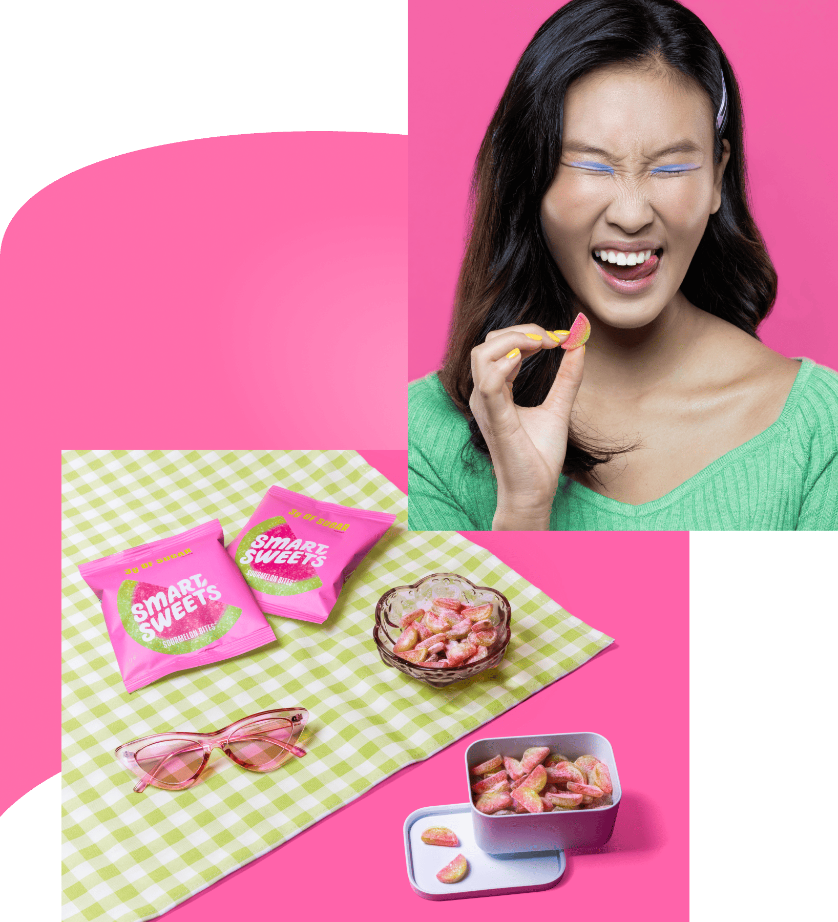Women making sour face while holding Sourmelon Bite, picnic blanket with Sourmelon Bites