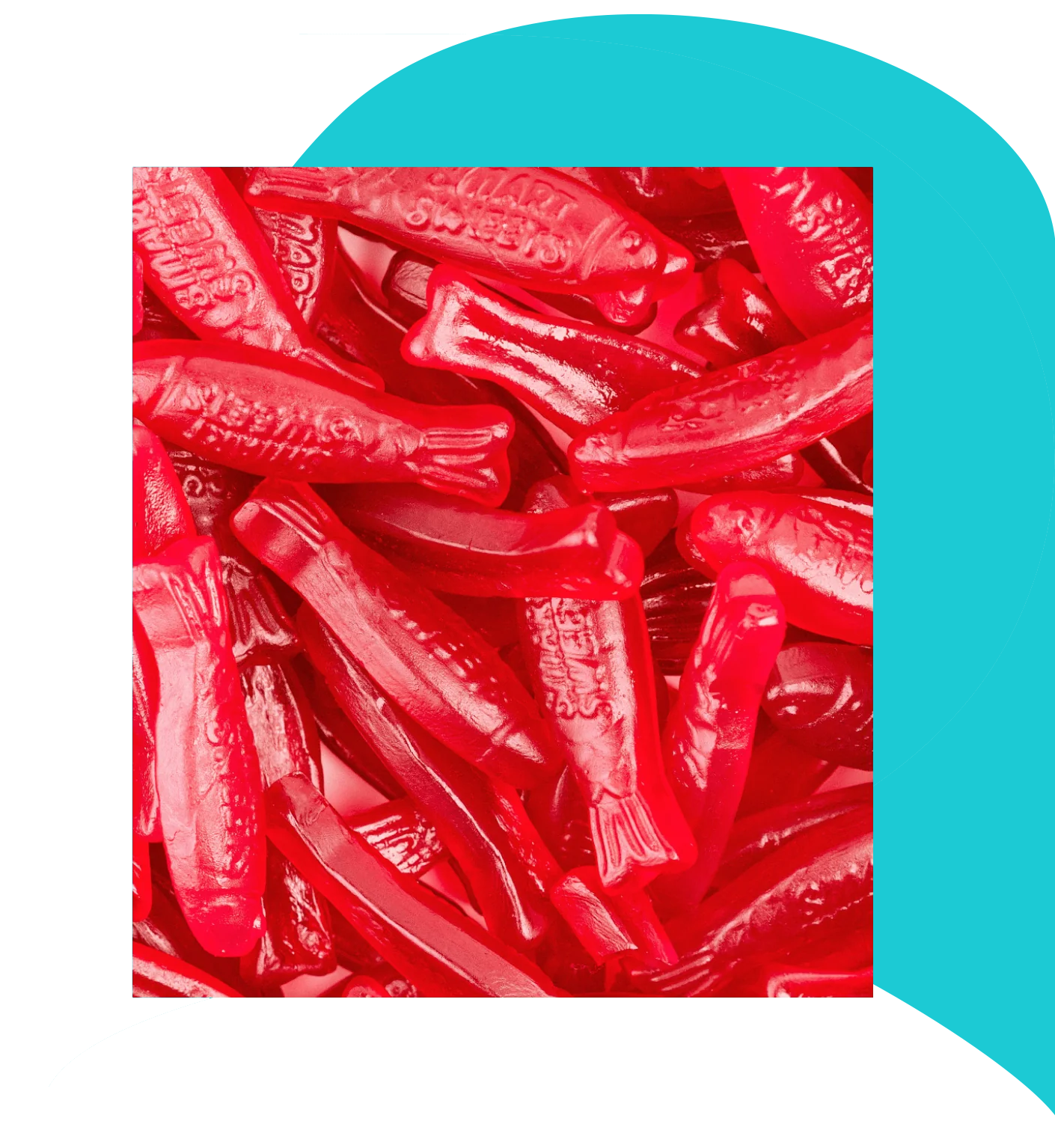 Costco 10-pack Red gummy fish candies on a white background