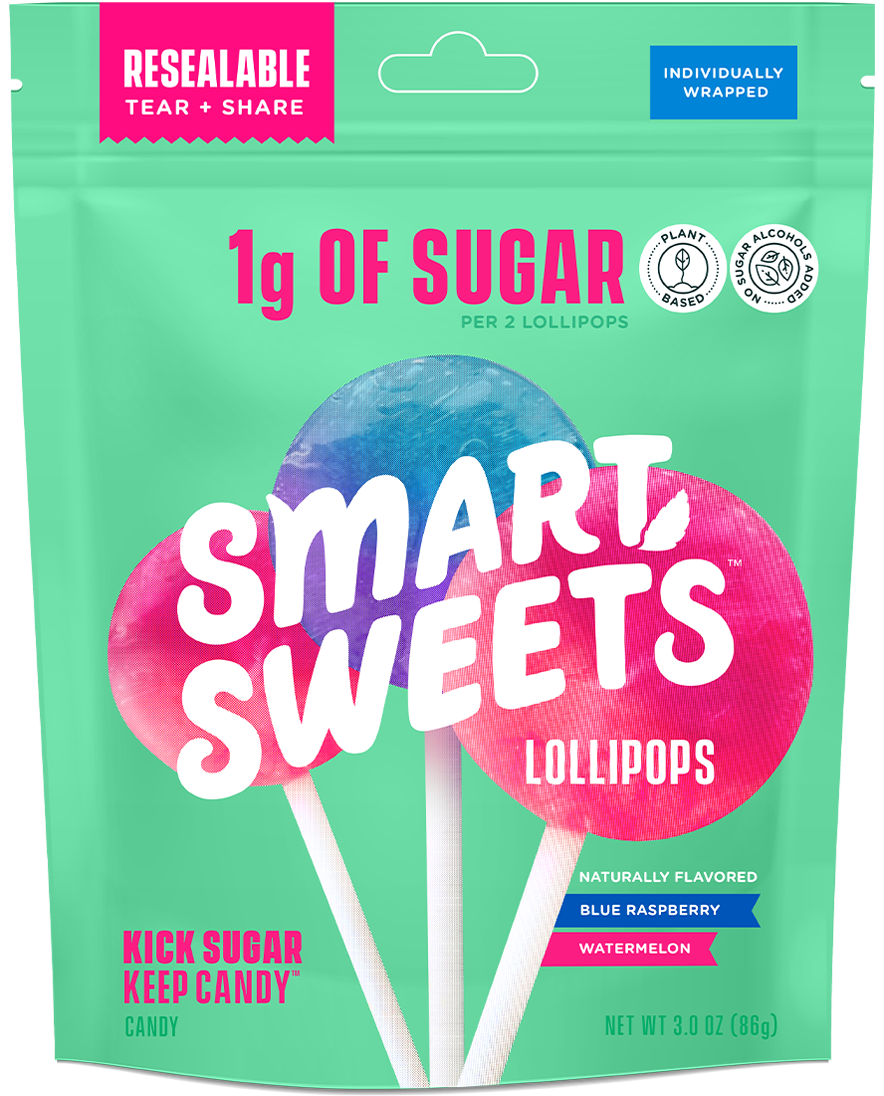 Smart Sweets lollipop package with green background and colorful text.