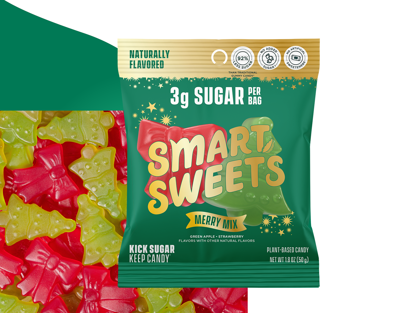 Smart Sweets Merry Mix candy package with gummy candies in the foreground