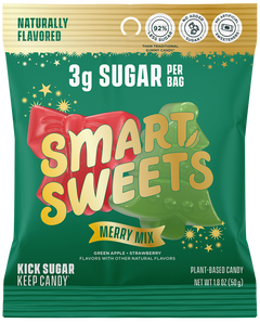 Green package of Smart Sweets Merry Mix candy with text about sugar content and plant-based ingredients.