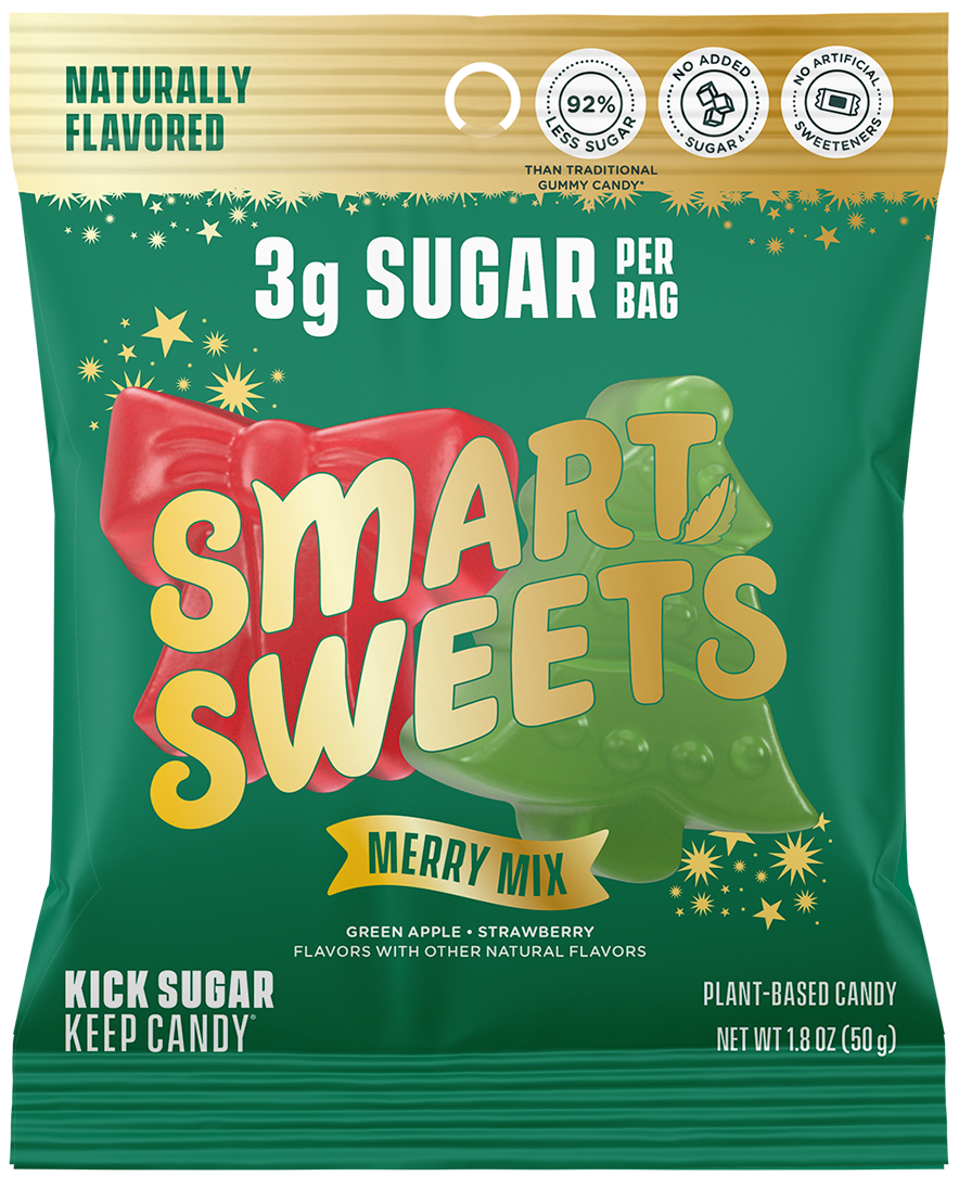 Green package of Smart Sweets Merry Mix candy with text about sugar content and plant-based ingredients.