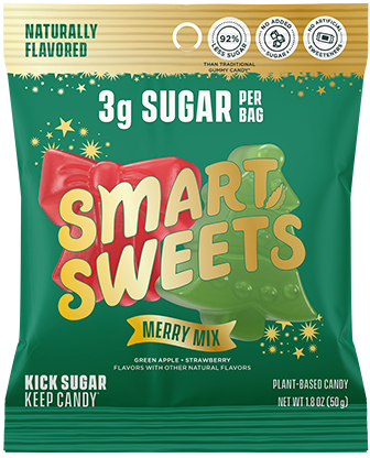 Smart Sweets candy package with green background and colorful text