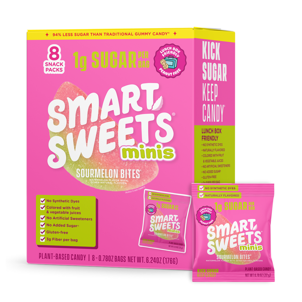 SmartSweets Minis Sourmelon Bites box and snack packs. Text: 1g sugar per bag, 94% less sugar than traditional gummy candy, plant-based.
