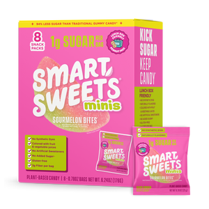 SmartSweets Minis Sourmelon Bites box and snack packs. Text: 1g sugar per bag, 94% less sugar than traditional gummy candy, plant-based.