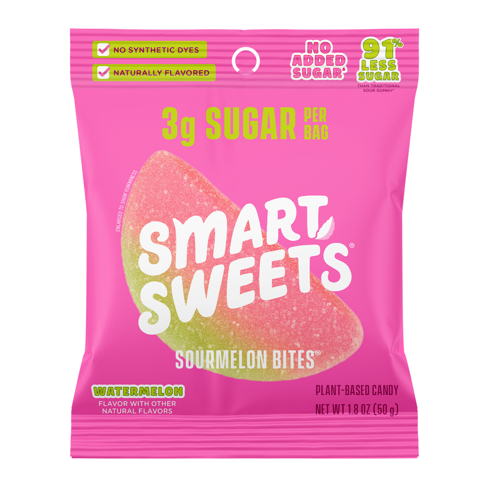 Sourmelon Bites candy bag. Copy: 3g sugar per bag, 91% less sugar, no added sugar, no synthetic dyes, naturally flavored, plant-based candy.