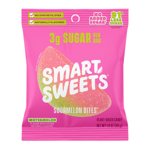 Sourmelon Bites candy bag. Copy: 3g sugar per bag, 91% less sugar, no added sugar, no synthetic dyes, naturally flavored, plant-based candy.