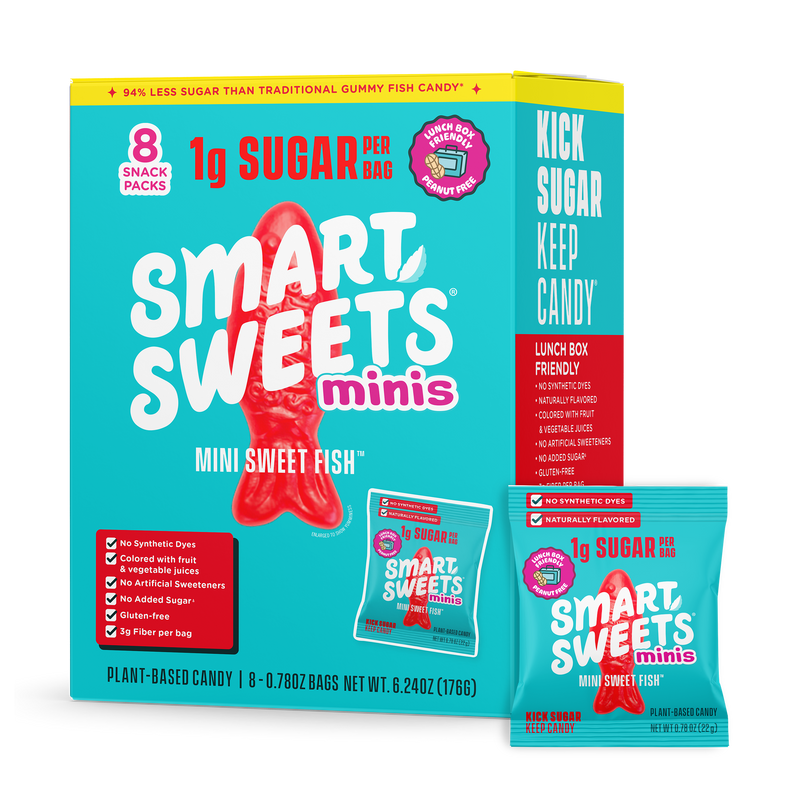 SmartSweets Minis Mini Sweet Fish box and snack packs. Copy: 1g sugar per bag, 94% less sugar than traditional gummy fish candy, plant-based.