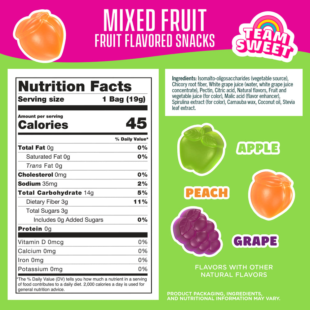 Mixed Fruit Snacks Nutrition Facts: 45 Calories, 14g Carb, 3g Fiber. Apple, Peach, Grape flavors.