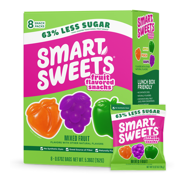 Mixed fruit snacks box & pouch text: 63% less sugar, 8 snack packs, no synthetic dyes, source of fiber.