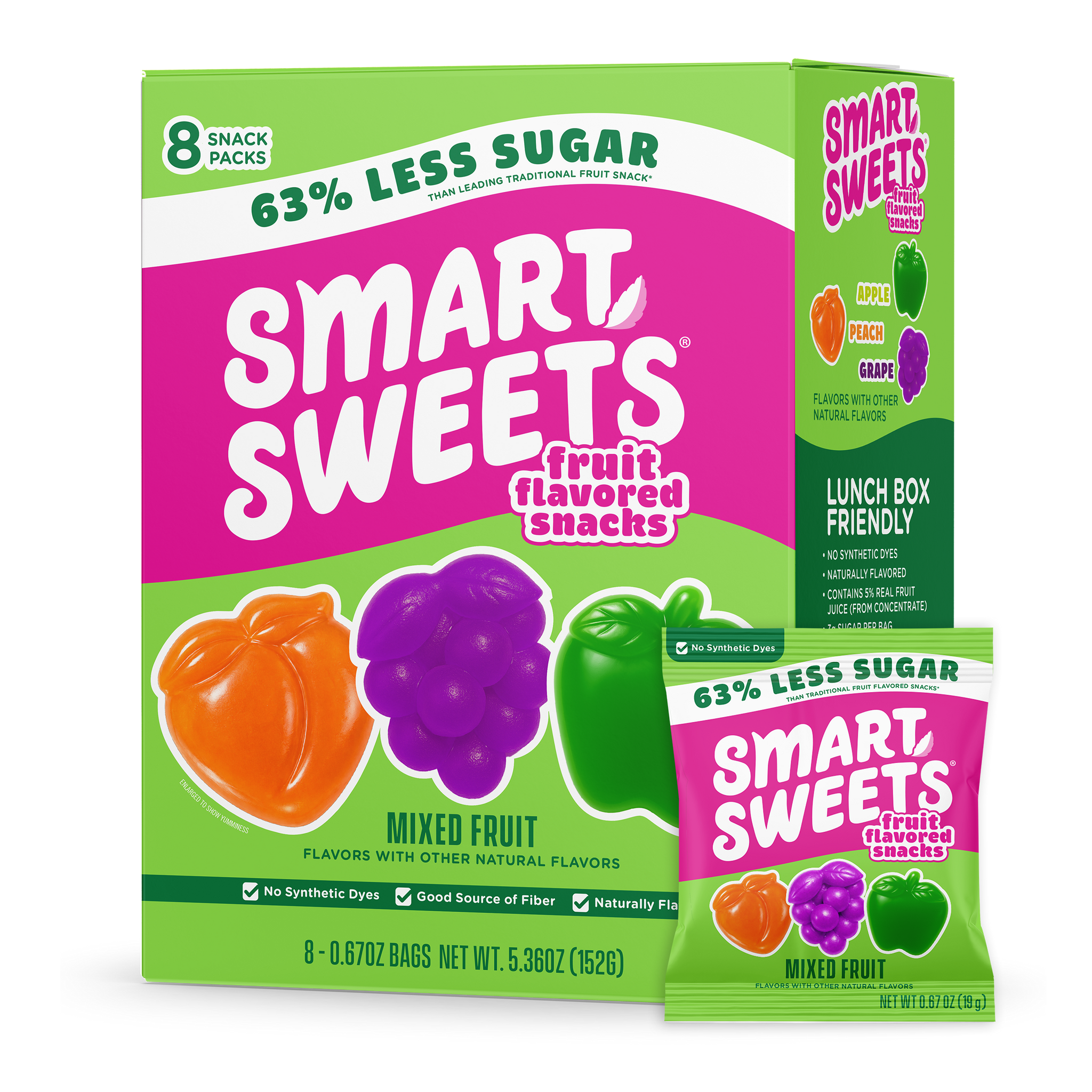 Mixed fruit snacks box & pouch text: 63% less sugar, 8 snack packs, no synthetic dyes, source of fiber.