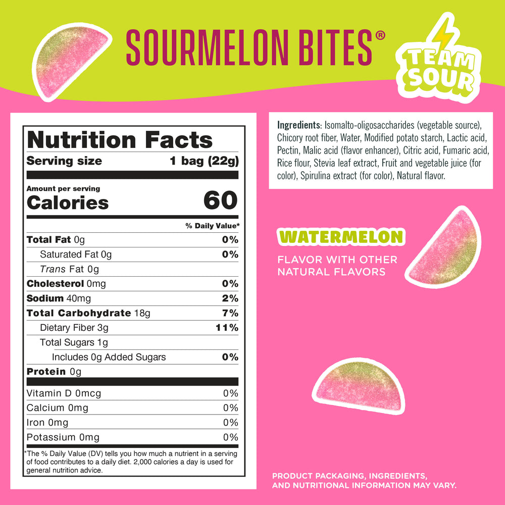 Nutrition facts and ingredients for Sourmelon Bites, showing 60 calories, 1g sugar, 3g fiber, and watermelon flavor.
