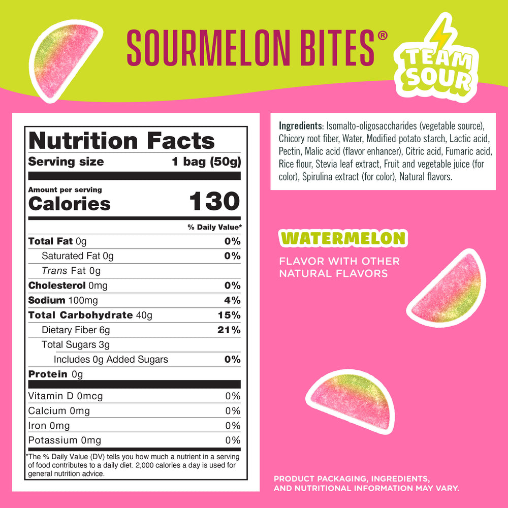 Nutrition facts and ingredients for Sourmelon Bites, showing 130 calories, 3g sugar, and 6g fiber on a pink and lime green background.