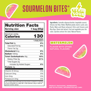 Nutrition facts and ingredients for Sourmelon Bites, showing 130 calories, 3g sugar, and 6g fiber on a pink and lime green background.
