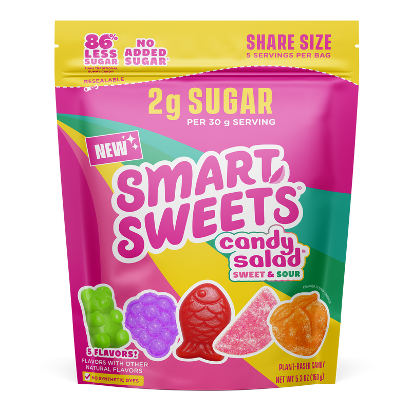 New Candy Salad Sweet & Sour. 2g sugar, no added sugar. Share size 5.3oz. 5 plant-based flavors.