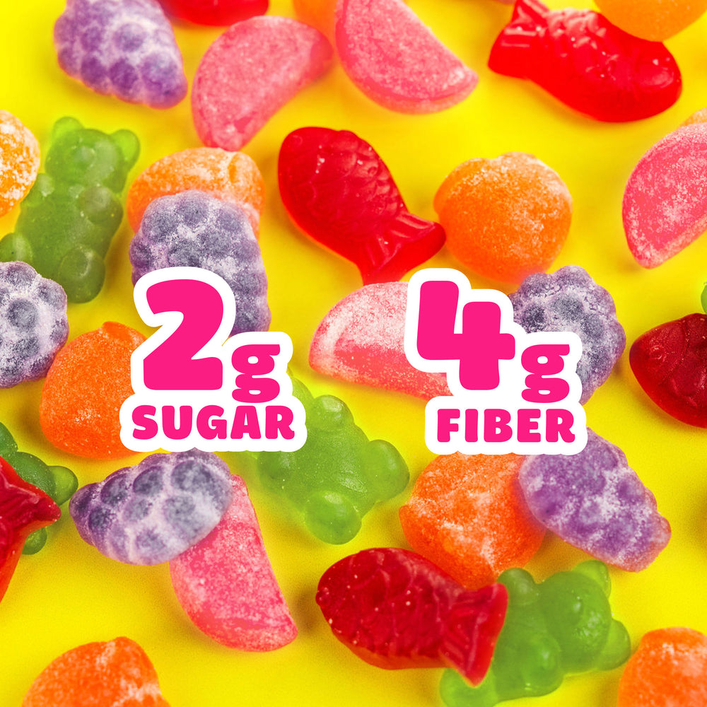 Gummy candies on a yellow background. Text: 2g SUGAR, 4g FIBER.