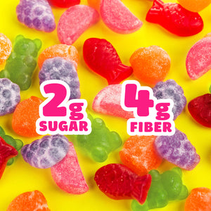 Gummy candies on a yellow background. Text: 2g SUGAR, 4g FIBER.