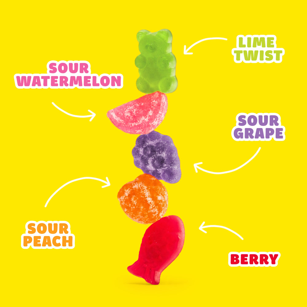 5 gummies labeled: Sour Watermelon, Lime Twist, Sour Grape, Sour Peach, Berry.