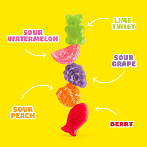 5 gummies labeled: Sour Watermelon, Lime Twist, Sour Grape, Sour Peach, Berry.
