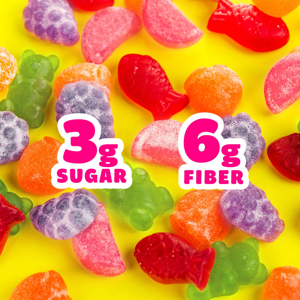 Assorted Candy Salad gummies. 3g SUGAR, 6g FIBER.