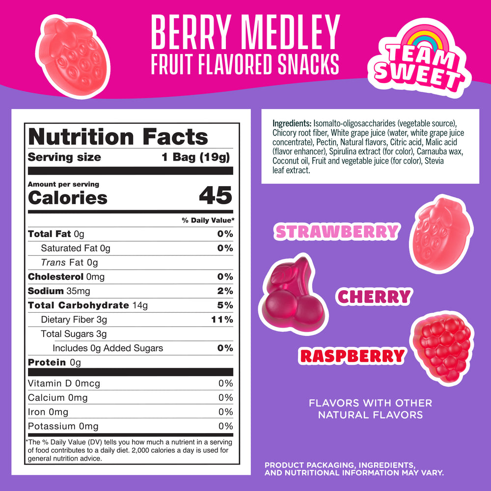 Berry Medley Fruit Flavored Snacks, Team Sweet, Nutrition Facts, Strawberry, Cherry, Raspberry.