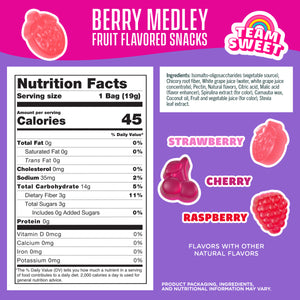 Berry Medley Fruit Flavored Snacks, Team Sweet, Nutrition Facts, Strawberry, Cherry, Raspberry.