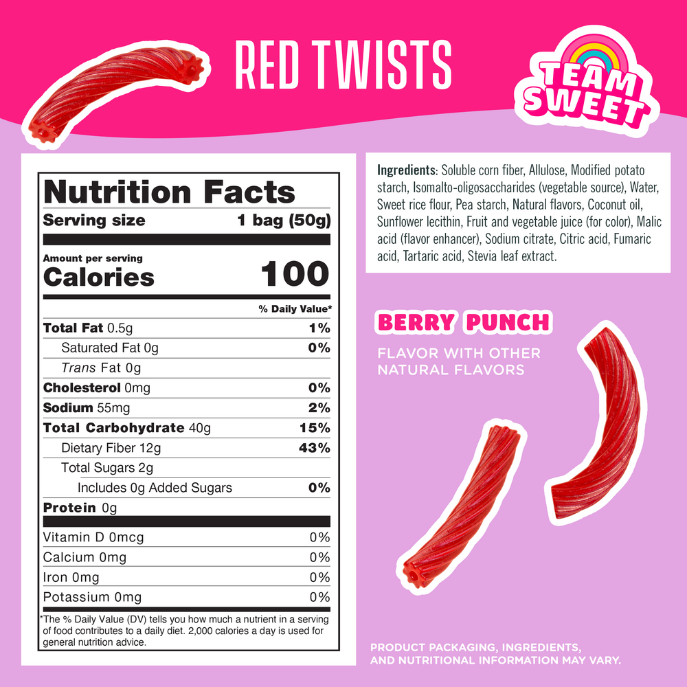 Nutrition facts and ingredients for Red Twists licorice on a pink background. Shows 100 calories, 2g sugar, 12g fiber, and berry punch flavor.