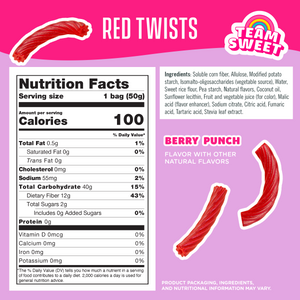 Nutrition facts and ingredients for Red Twists licorice on a pink background. Shows 100 calories, 2g sugar, 12g fiber, and berry punch flavor.