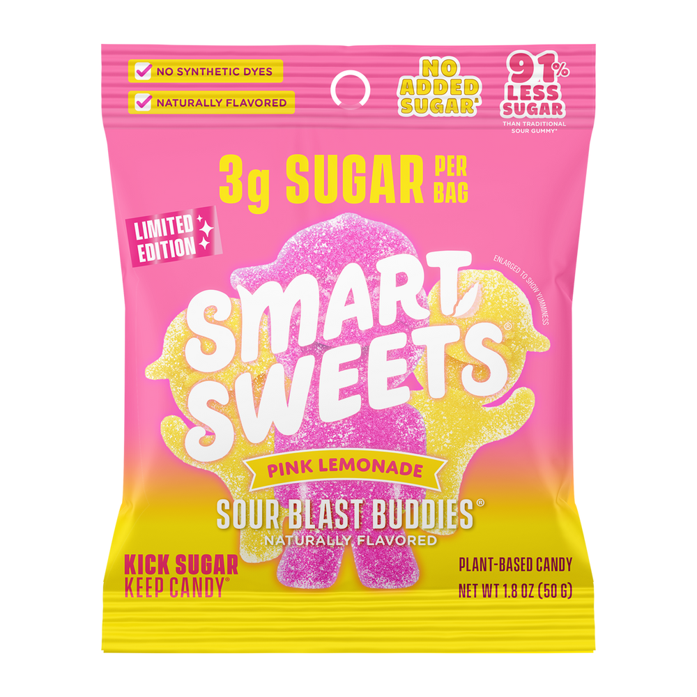 Pink lemonade candy bag. Text: 3g sugar per bag, 91% less sugar, limited edition, no synthetic dyes, naturally flavored, plant-based candy.