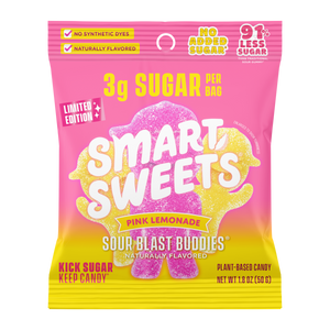 Pink lemonade candy bag. Text: 3g sugar per bag, 91% less sugar, limited edition, no synthetic dyes, naturally flavored, plant-based candy.