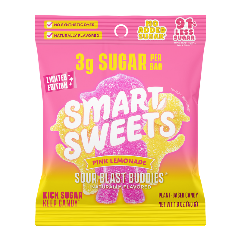 Pink lemonade candy bag. Text: 3g sugar per bag, 91% less sugar, limited edition, no synthetic dyes, naturally flavored, plant-based candy.