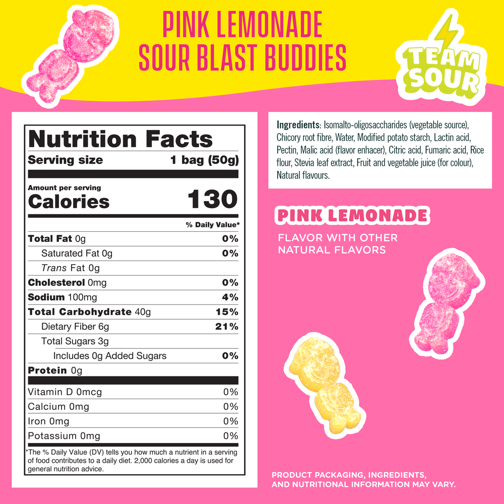 Nutrition facts and ingredients for Pink Lemonade Sour Blast Buddies, showing 130 calories, 3g sugar, and 6g fiber on a pink and yellow background.