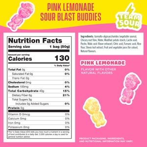 Nutrition facts and ingredients for Pink Lemonade Sour Blast Buddies, showing 130 calories, 3g sugar, and 6g fiber on a pink and yellow background.