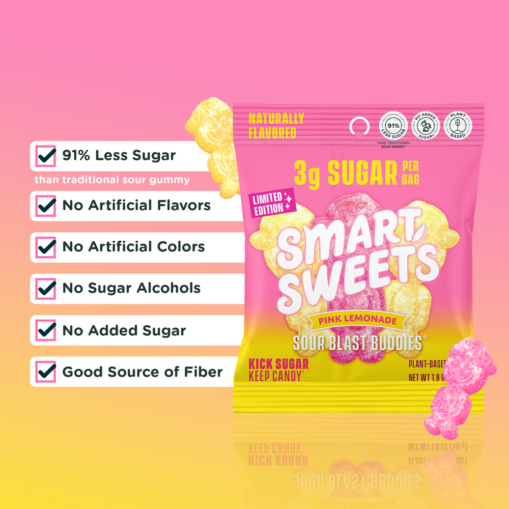 Pink lemonade candy bag with candies. Copy: 91% less sugar, no artificial flavors/colors, no sugar alcohols/added sugar, good source of fiber.