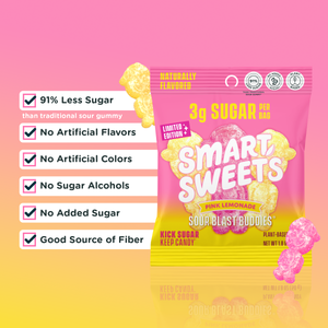 Pink lemonade candy bag with candies. Copy: 91% less sugar, no artificial flavors/colors, no sugar alcohols/added sugar, good source of fiber.