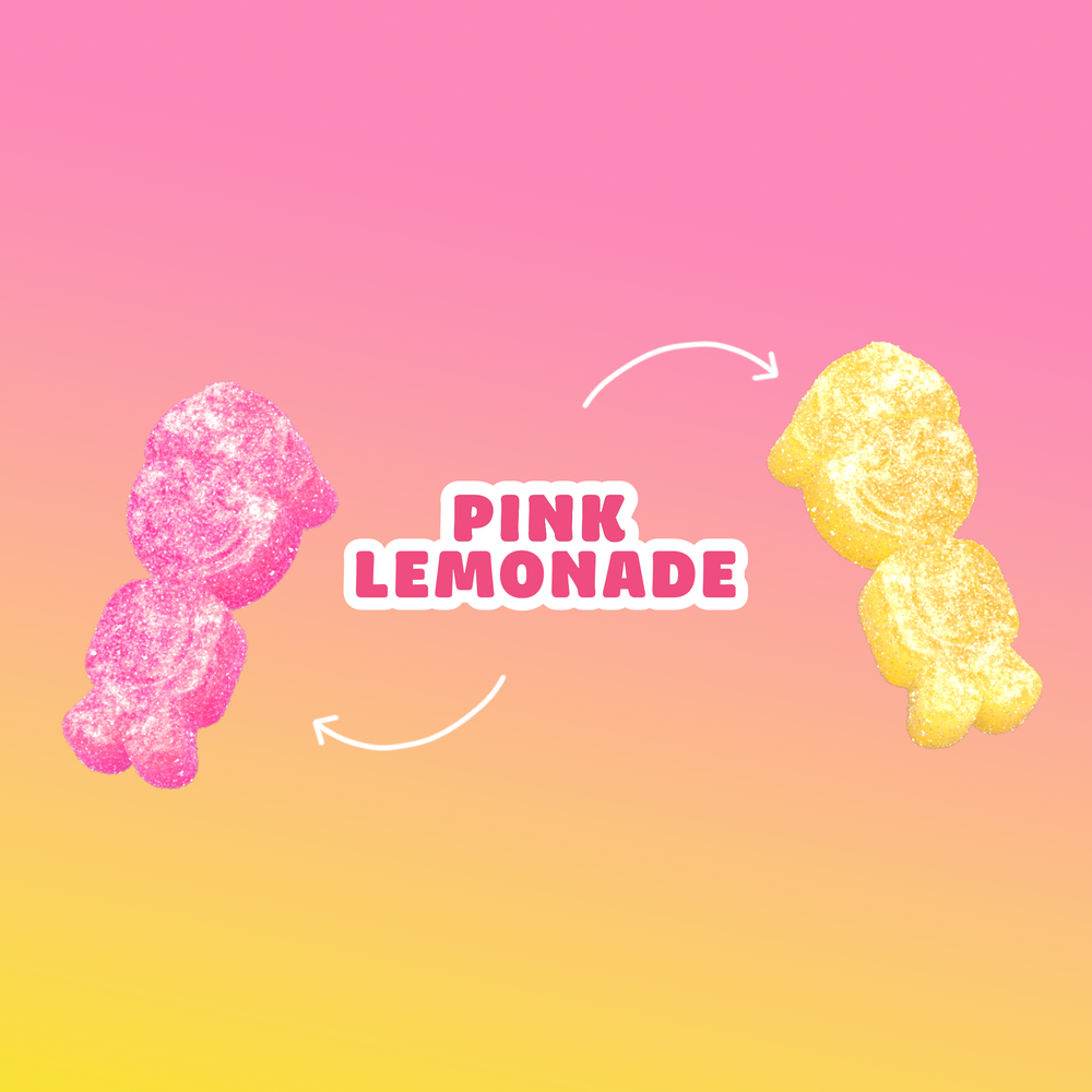Pink and yellow sour gummy candies on a pink-to-yellow gradient background with "PINK LEMONADE" text.