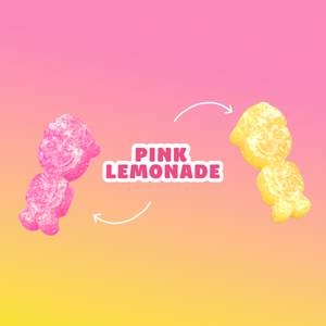 Pink and yellow sour gummy candies on a pink-to-yellow gradient background with "PINK LEMONADE" text.