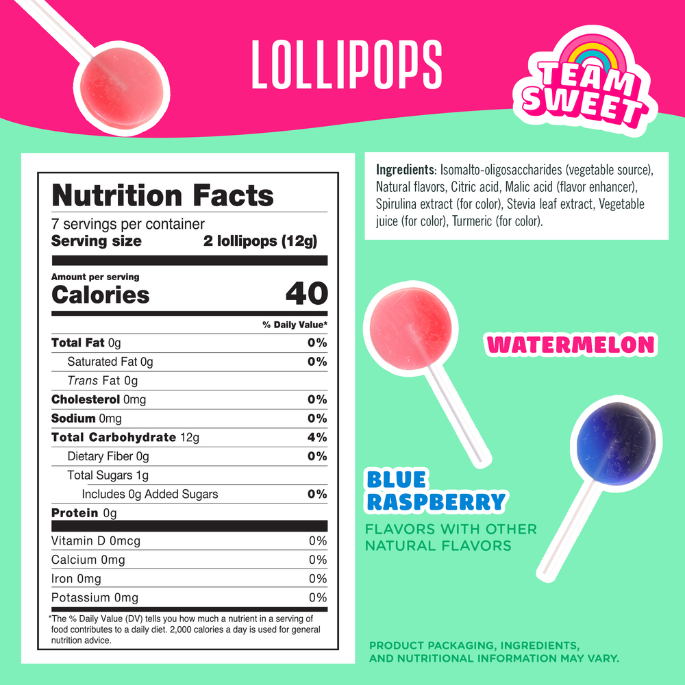 Nutrition facts label for lollipops with Team Sweet branding on a pink and green background.