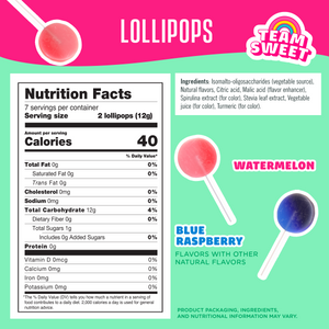 Nutrition facts label for lollipops with Team Sweet branding on a pink and green background.