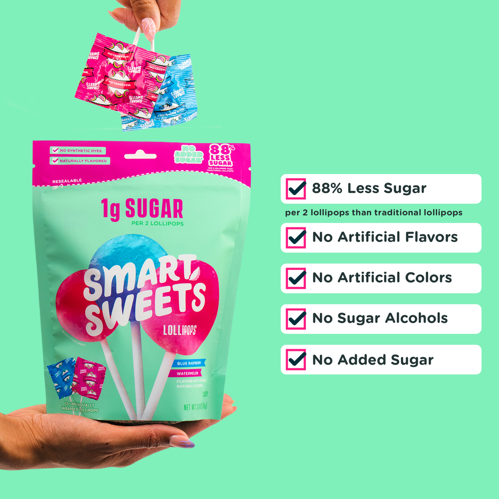 Smart Sweets lollipop package with a hand holding lollipops against a green background