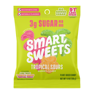 Tropical Sours gummy candy bag. Copy: 3g sugar per bag, 91% less sugar, no added sugar, no synthetic dyes, plant-based, 3 tropical flavors.