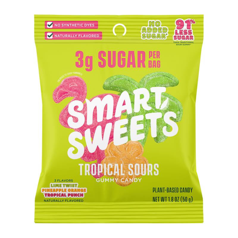 Tropical Sours gummy candy bag. Copy: 3g sugar per bag, 91% less sugar, no added sugar, no synthetic dyes, plant-based, 3 tropical flavors.